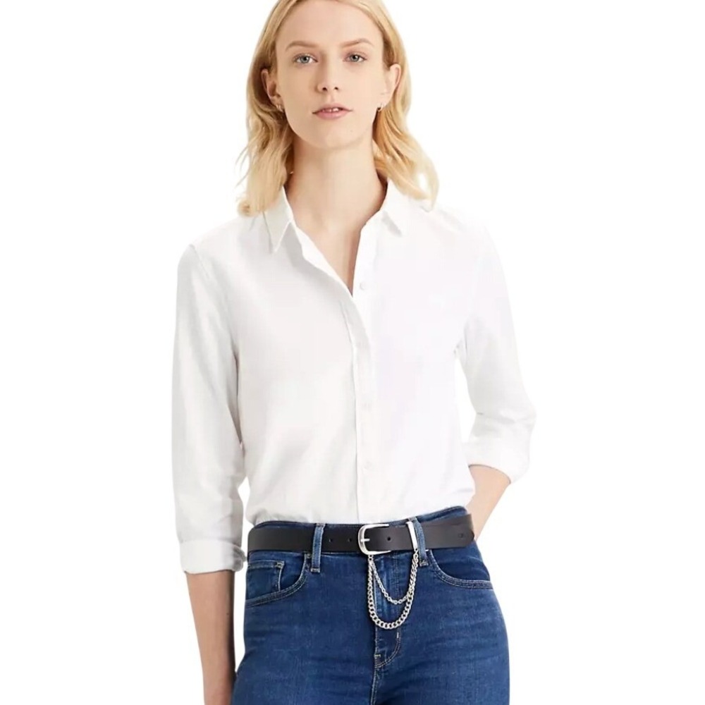 Levis Button Up Shirt Women S White Classic Embroidered Logo 100% Cotton
